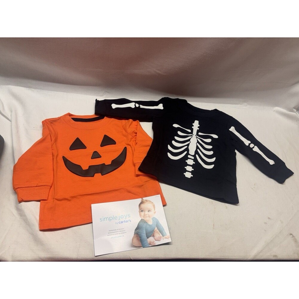 Simple Joys by Carter’s Baby 2-Pack Halloween Shirts 3-6M Pumpkin Skeleton NWT